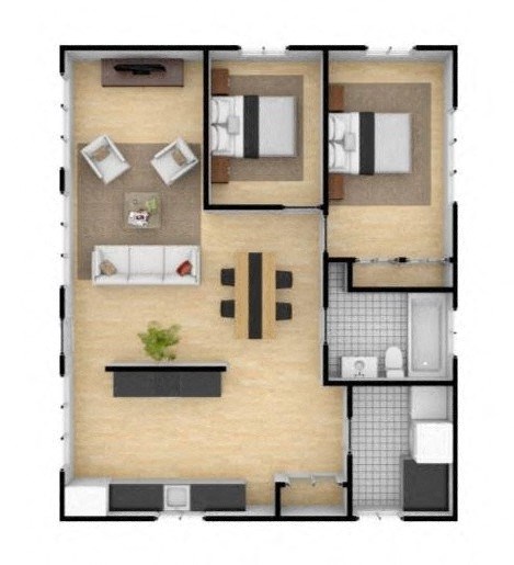 the interior of a studio apartment with a wood floor